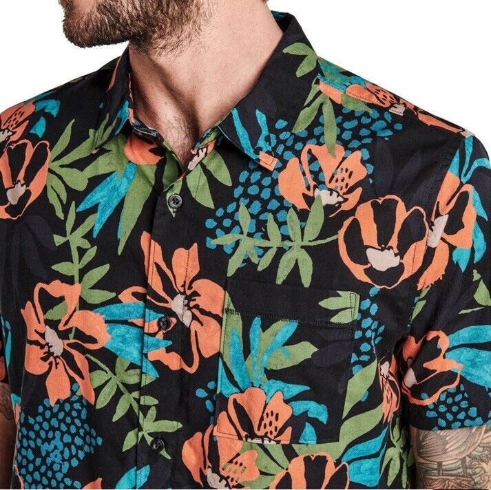 $79 Roark Men’s Journey Tahiti Nui Button S/S Shirt-Black Multi- Small-New Tag