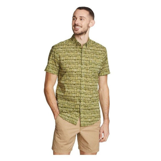 Eddie Bauer Men's Baja Print Camping Short Sleeve Shirt-Olive Green-Medium-New