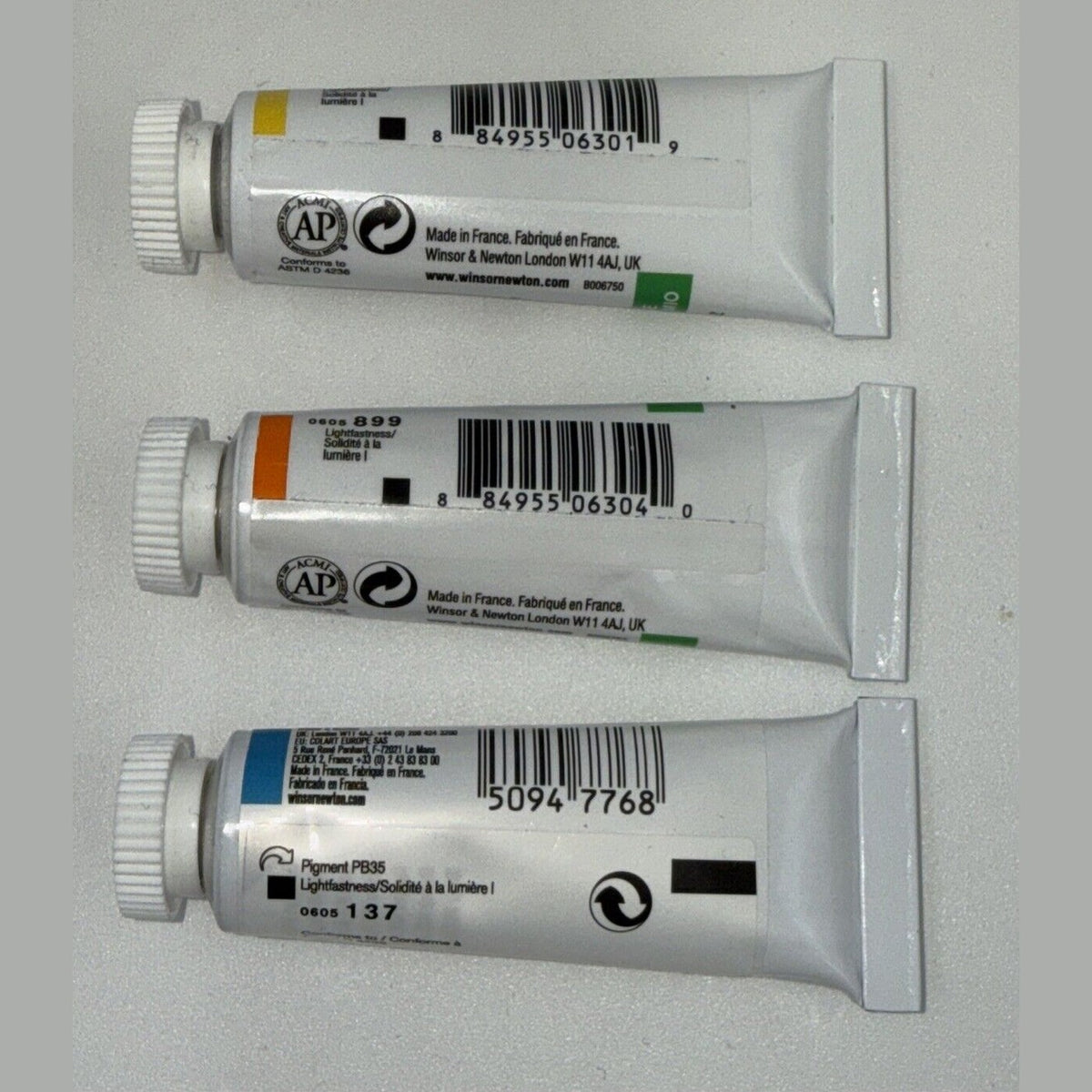 Combo Lot Of 3 Tubes Winsor & Newton Designers' Gouache, Blue, Orange, Yellow