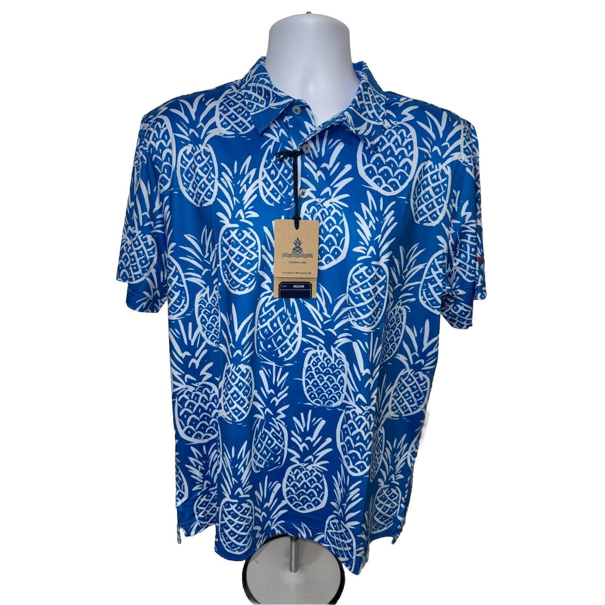 Chubbies Men's The Thigh Napple Performance Polo Shirt-Blue Pineapple-Medium-New