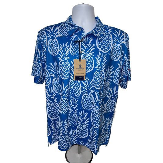 Chubbies Men's The Thigh Napple Performance Polo Shirt-Blue Pineapple-Medium-New