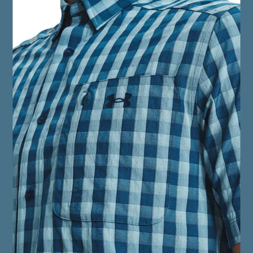 Under Armour Men's DRIFT TIDE 2.0 Slim Plaid Short Sleeve Shirt-Deep Blue-Small