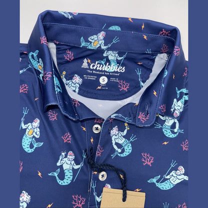 $60 Chubbies Men's The Triton Sea Performance Polo Shirt-Blue-Small-New Tag