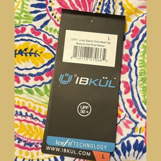 $100 Ibkul Women’s Long Sleeve Crew Neck Top-Massie Hot Pink Yellow- Large -New