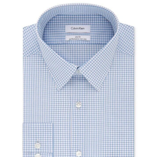 Calvin Klein Men’s Slim Fit Performance Blue Check- Dress Shirt- 16-16 ½ Large