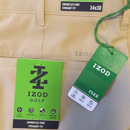 IZOD Men’s Saltwater Flat Golf  Front Chino Pants - R Khaki - 34W 30L - NWT