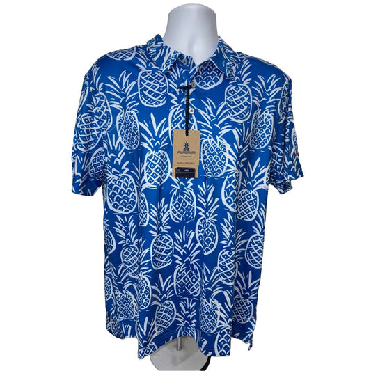 Chubbies Men's The Thigh Napple Performance Polo Shirt-Blue Pineapple-Large -New