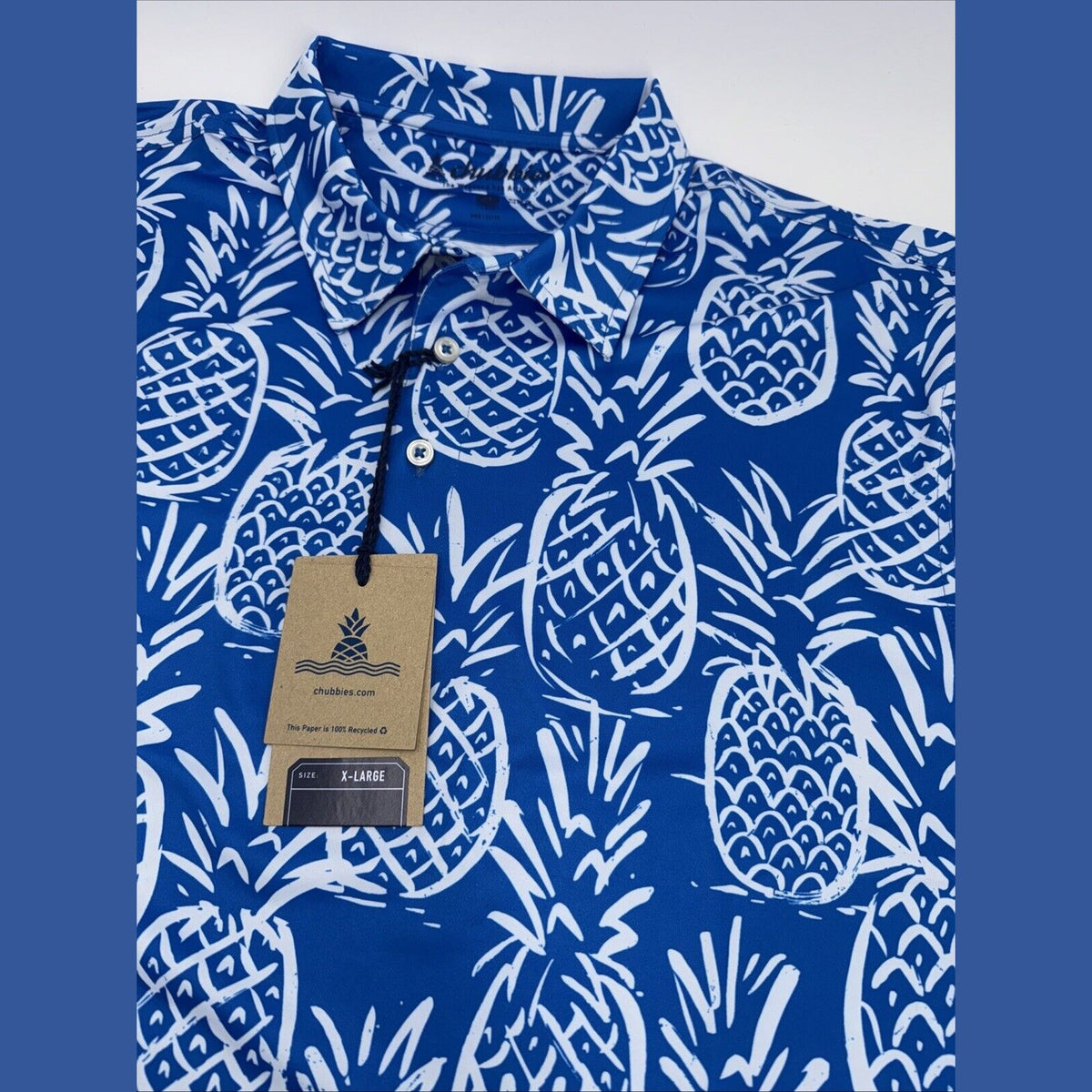 Chubbies Men's The Thigh Napple Performance Polo Shirt- Blue Pineapple - XLarge