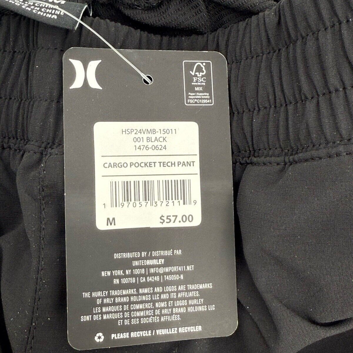 Hurley Men's Tech Cargo Jogger Pants - Black - Medium- New With Tags