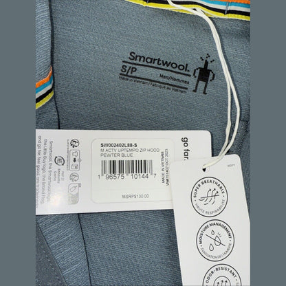 $130 Smartwool Men’s Hoodie Lightweight Uptempo Zip Sweater-Pewter Blue-Small