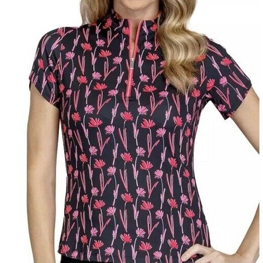 Tail Women's Short Sleeve Mock Neck 1/4 Zip Golf Polo- Dancing Stems- XSmall NWT