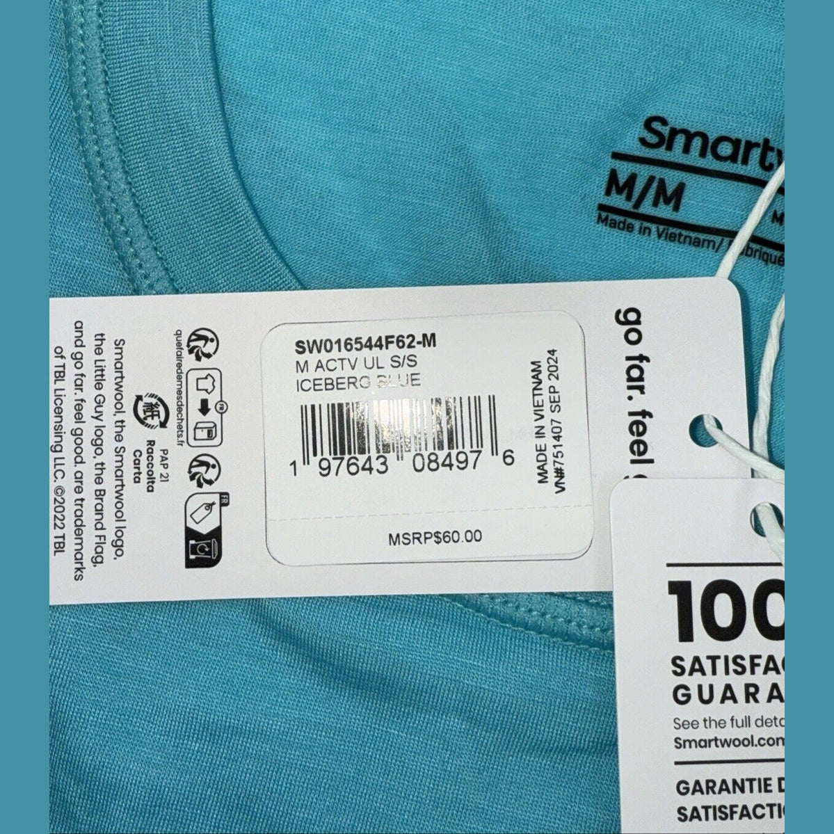 $60 Smartwool Men’s Active Ultralite Short Sleeve Shirt- Iceberg Blue-Medium-New