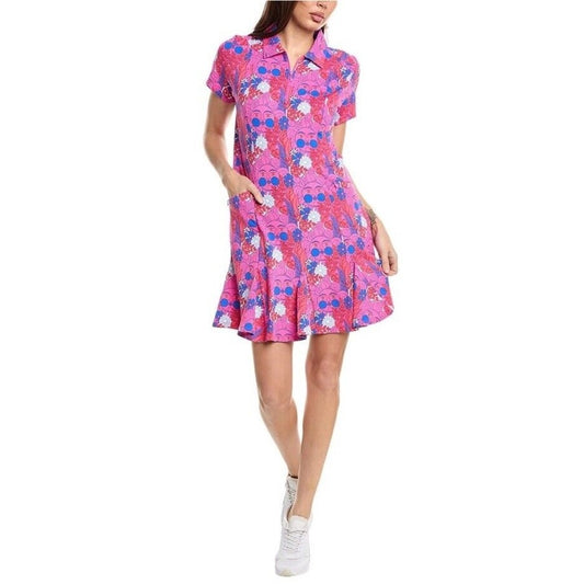 $128 Ibkul Women’s Godet Ruched Short Sleeve Dress - Nadia Hot Pink-Medium-New