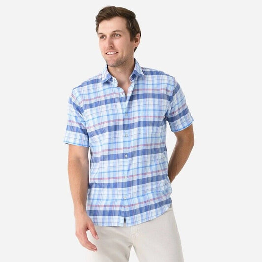 $155 Peter Millar Men’s Casa Marina Cotton Plaid Shirt-Atlantic Blue-Small -NEW