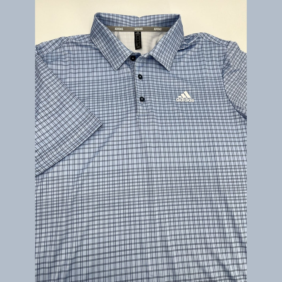 $65 Adidas Men’s Plaid Golf Stretch Polo Shirt UPF 50- Blue Dawn- Small-New Tag