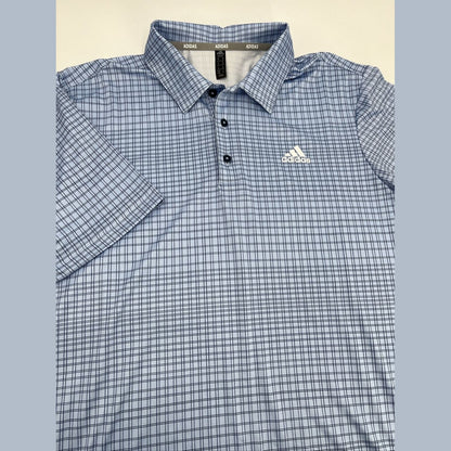$65 Adidas Men’s Plaid Golf Stretch Polo Shirt UPF 50- Blue Dawn- Small-New Tag