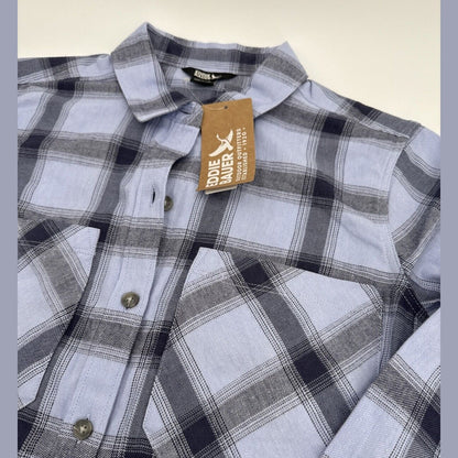 $55 Eddie Bauer Women’s Flannel Button Front Shirt Plaid-Periwinkle-Small-NEW
