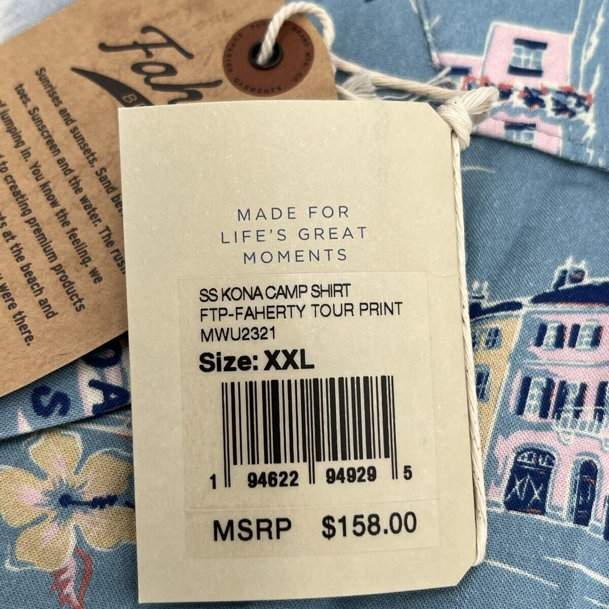 $158 Faherty Men’s Kona Short Sleeve Camp Shirt Tour Print -Blue-XLarge -New Tag