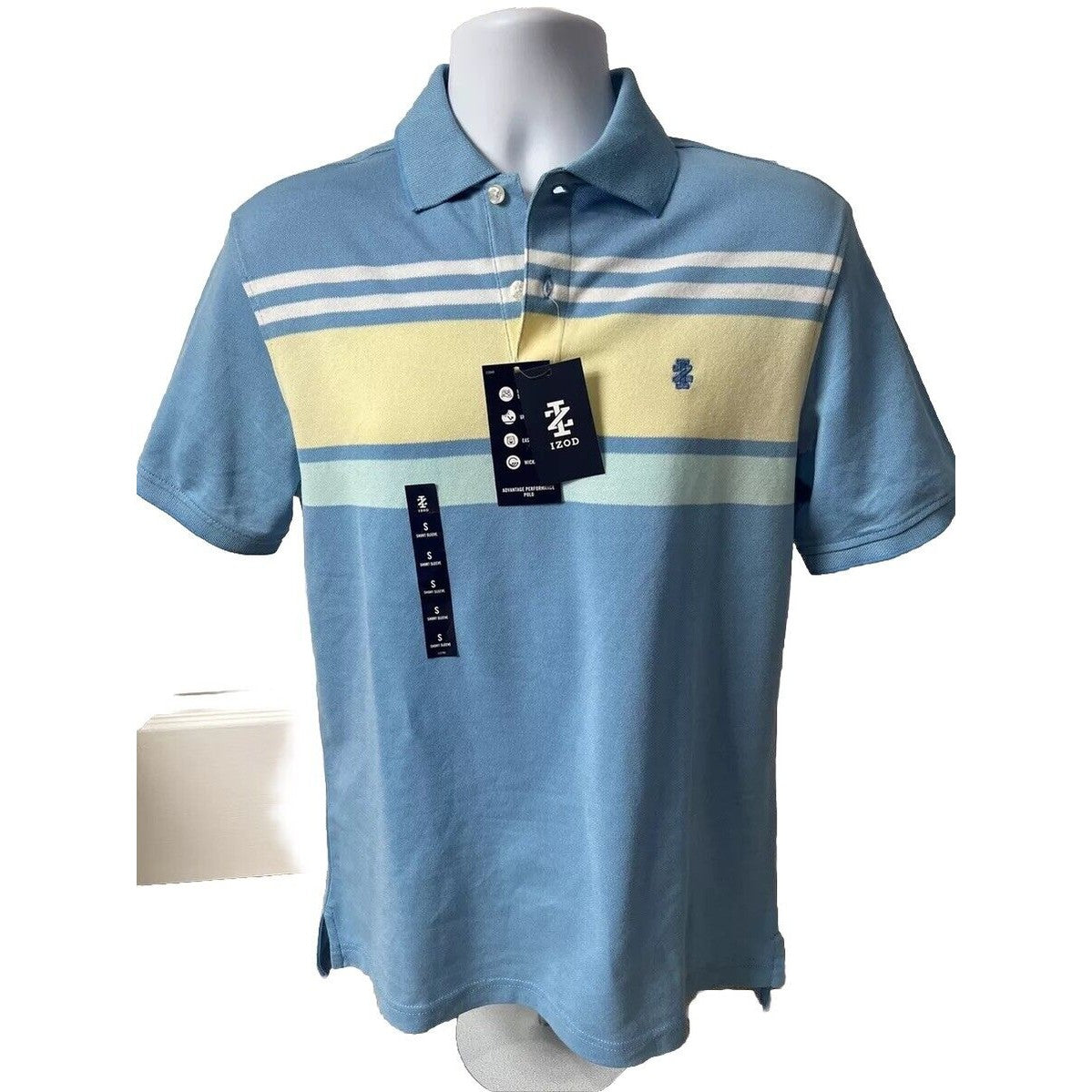 IZOD Men's Advantage Performance Short Sleeve Stripe Polo- Blue/Yellow-Small-New