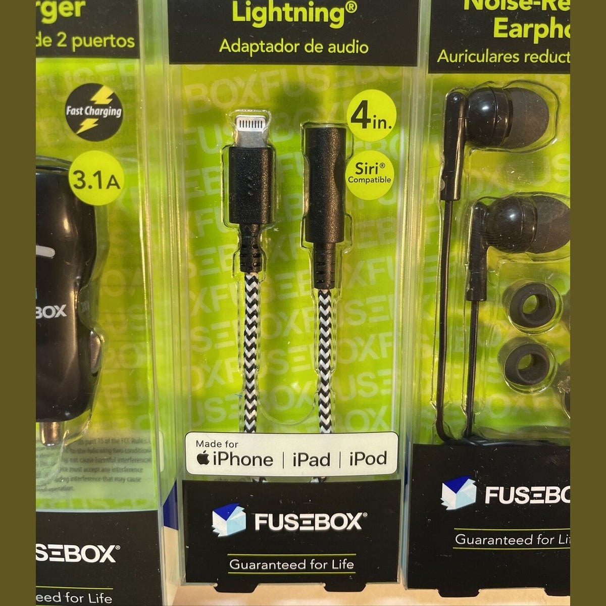 Combo Lot (3) E Filliate,Fusebox 2 Port Car Charger, Lightning Adapter,earphones