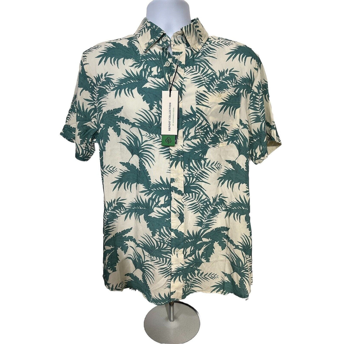 $59 Report Collection Men’s Tropical Print Short Sleeve Button Down-Cream-Medium