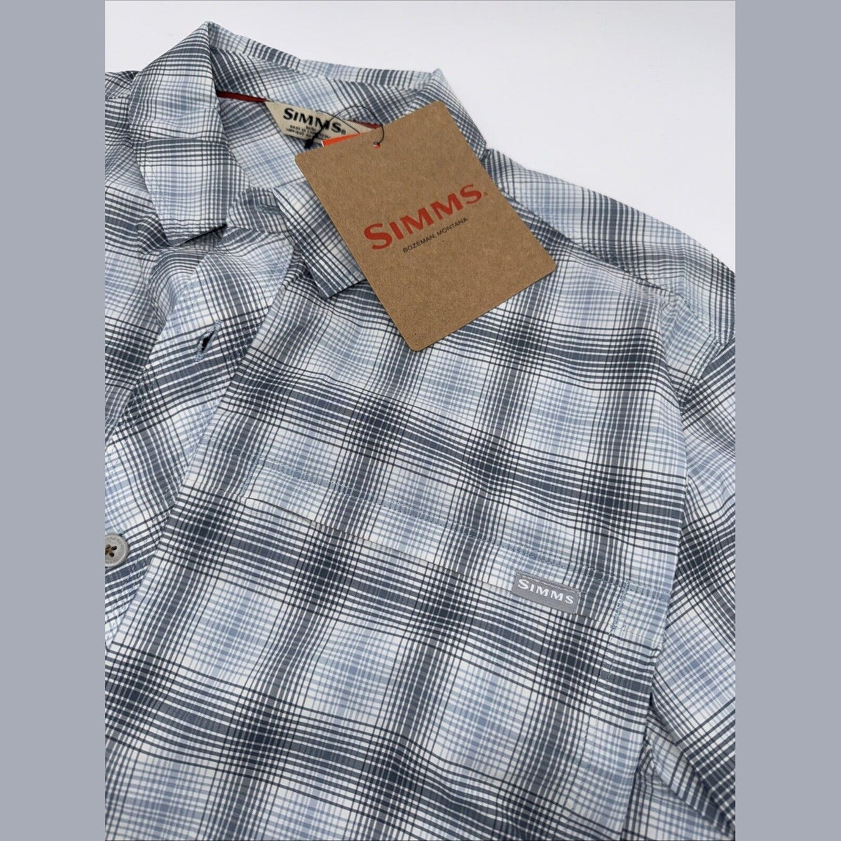 Simms Men's Stone Cold Short Sleeve Shirt - Steel Blue Storm Ombre Plaid-Medium