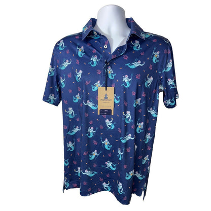$60 Chubbies Men's The Triton Sea Performance Polo Shirt-Blue-Small-New Tag