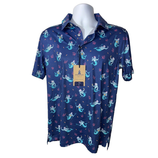 $60 Chubbies Men's The Triton Sea Performance Polo Shirt-Blue-Small-New Tag