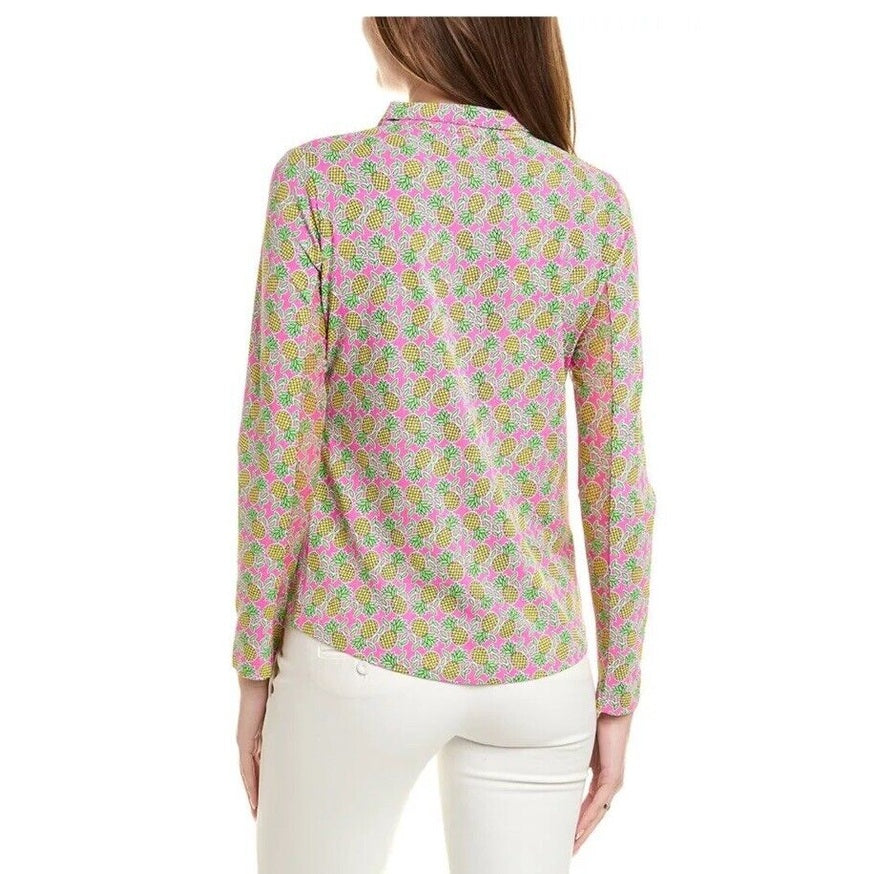 $100 Ibkul Women’s Long Sleeve Zip Mock Neck Top-Chantal Pink/Lime-Large-New
