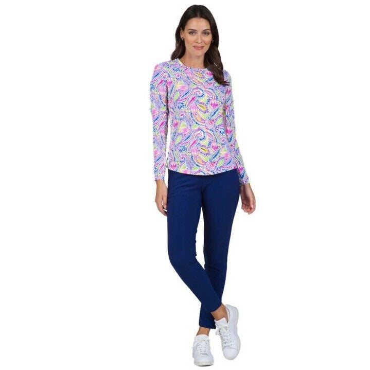 $100 Ibkul Women’s Long Sleeve Crew Neck Top-Massie Hot Pink Yellow- Large -New