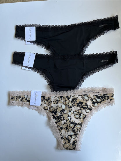 3 Pack Calvin Klein Flirty Thong Panty -2,Black,1 Print -XLarge - QD3705 - New
