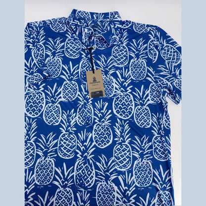 Chubbies Men's The Thigh Napple Performance Polo Shirt-Blue Pineapple-Large -New