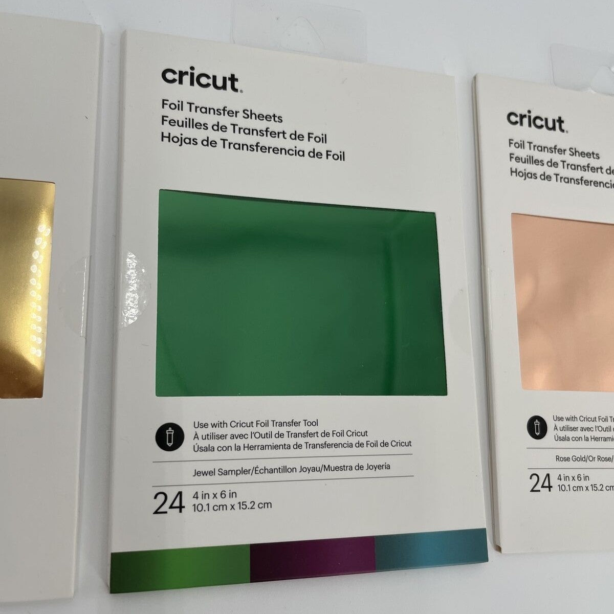 3 Pkg Cricut FOIL TRANSFER SHEETS - GOLD, ROSE,JEWEL GREEN, 4x6 New 72 Sheets