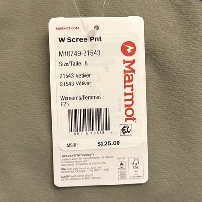 $125 Marmot Women's Scree Pants- Vetiver-Size 8 - NWT