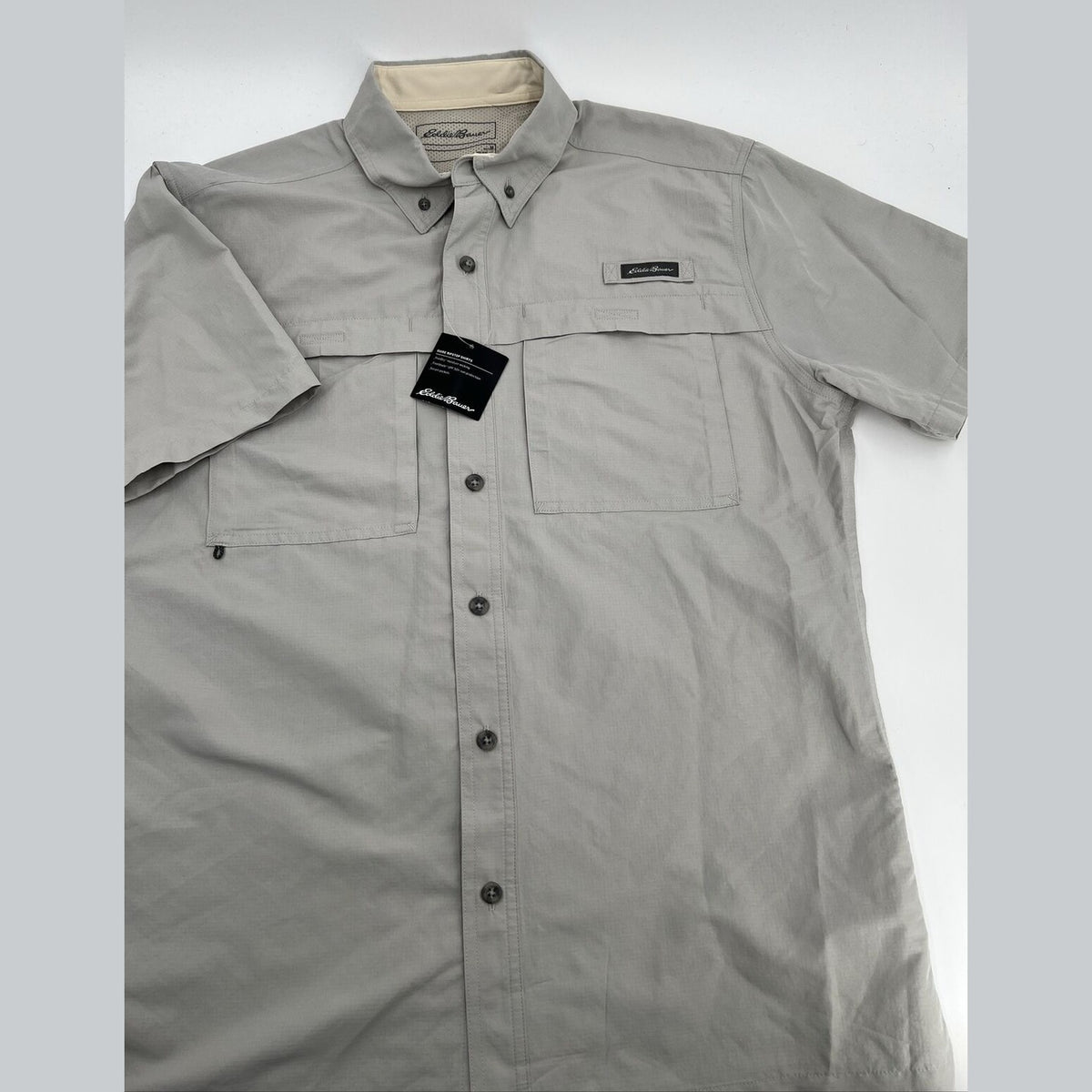 $60 Eddie Bauer Men's Ripstop Guide Short Sleeve Shirt-Light Gray-Medium-New