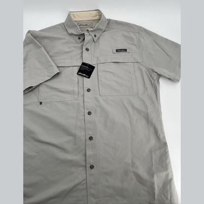 $60 Eddie Bauer Men's Ripstop Guide Short Sleeve Shirt-Light Gray-Medium-New