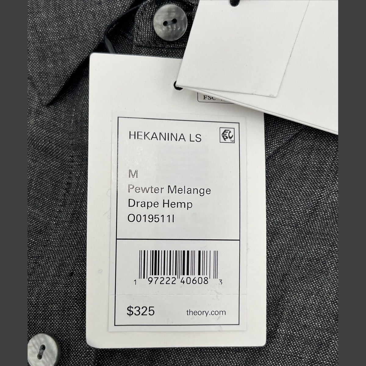 $375 Theory Women’s Hekanina Tie-Front Drape Hemp Shirt-Pewter-Medium-New Tag