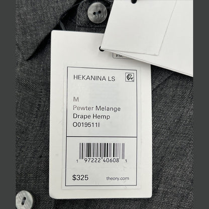 $375 Theory Women’s Hekanina Tie-Front Drape Hemp Shirt-Pewter-Medium-New Tag