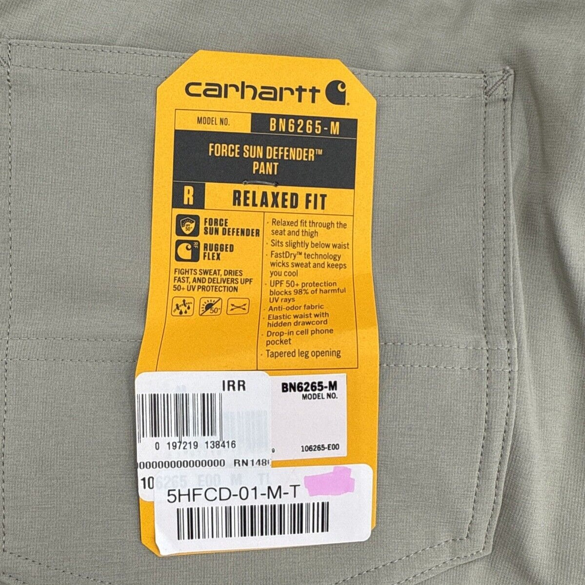 $98 Carhartt Men’s Force Sun Defender Lightweight Relaxed Fit Pants-Beige-Medium