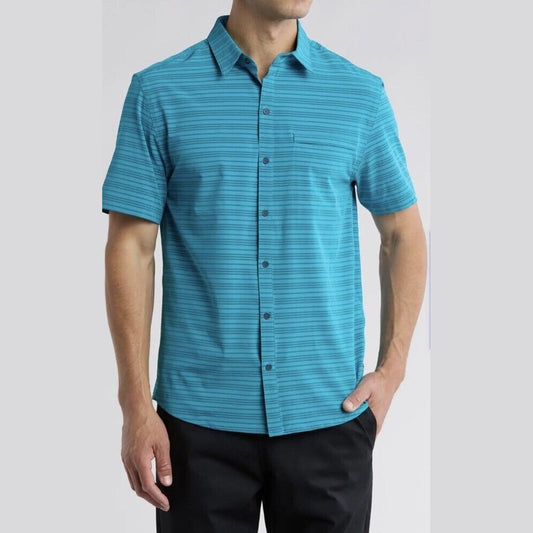 $80 COTOPAXI Men’s Cambio Button Up Short Sleeve Shirt-Mineral Blue Stripe-Small