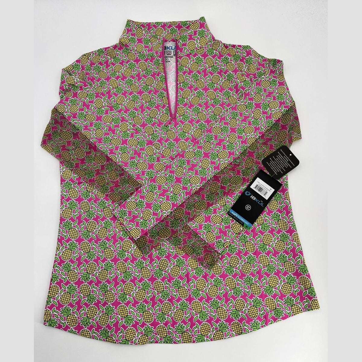 $100 Ibkul Women’s Long Sleeve Zip Mock Neck Top-Chantal Pink/Lime-Medium-New