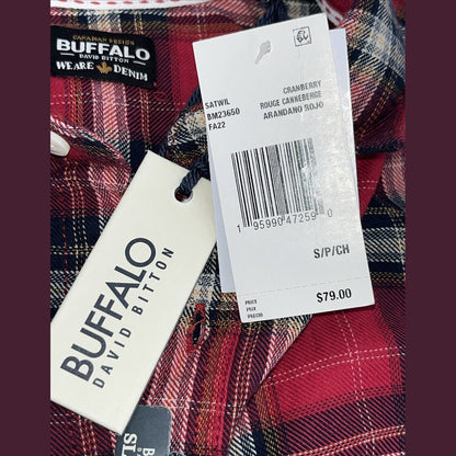 $79 Buffalo David Bitton Men’s Satwil Plaid Long Sleeve Shirt- Cranberry-Small