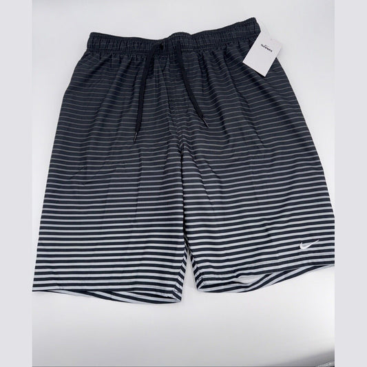 $58 Men's Nike Stripe 9" Swim Trunks- Black/Grey- Small- New with Tag