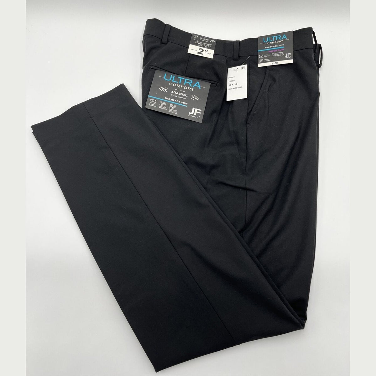 JF J Ferrar Men's Super Slim Dress Pants Slacks Flat Front-Black-34W 30L- New