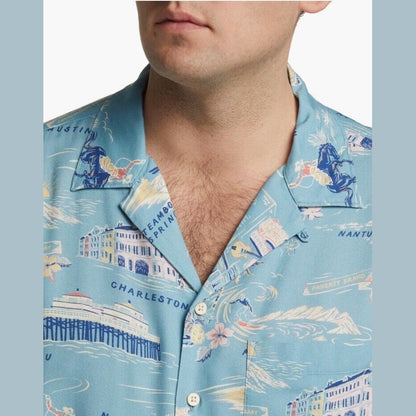 $158 Faherty Men’s Kona Short Sleeve Camp Shirt Tour Print -Blue-XLarge -New Tag