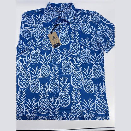 Chubbies Men's The Thigh Napple Performance Polo Shirt-Blue Pineapple-Medium-New
