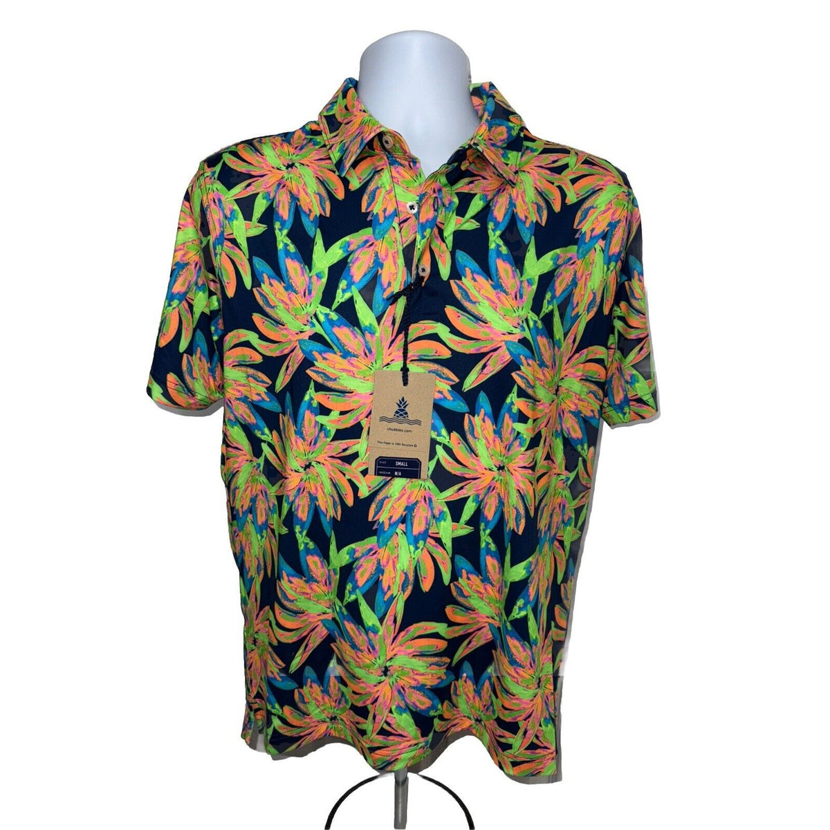 Chubbies Men's The Ocean Flower Performance Polo Shirt-Orange Multi-Small -New