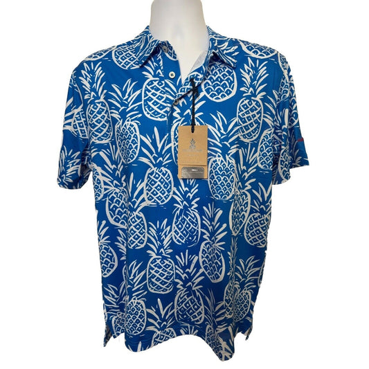 Chubbies Men's The Thigh Napple Performance Polo Shirt- Blue Pineapple-Small-New