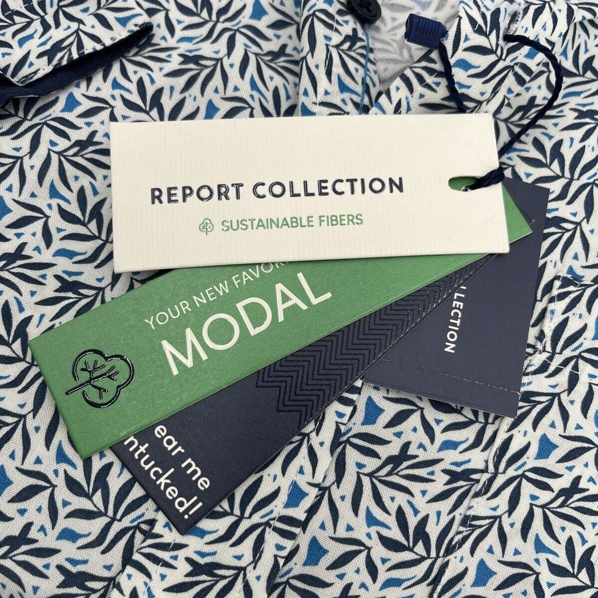$59 Report Collection Men’s Tropical Print Short Sleeve Button Down-Blue-Small