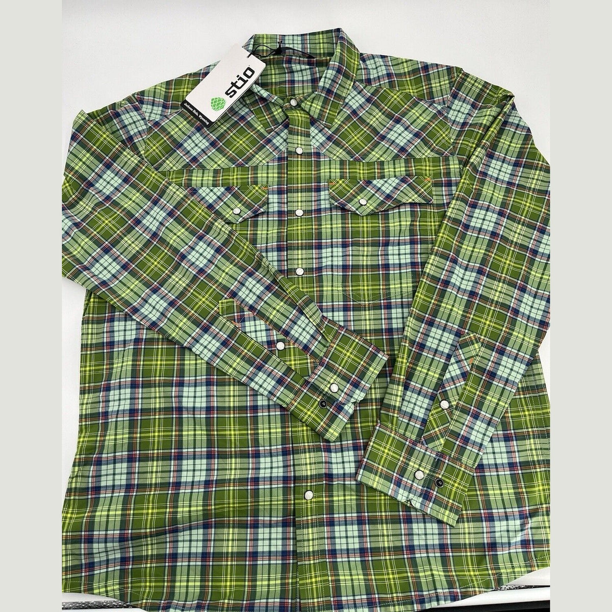 $120 Stio Men’s Eddy Shirt Long Sleeve Pearl Snap-Fresh Lichen Plaid -Small-New